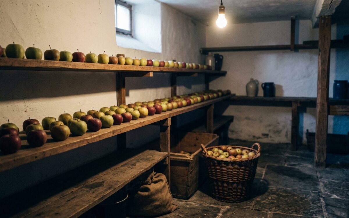 Äpfel lagern auf Holzhorden im Keller, einzeln und ohne Berührung