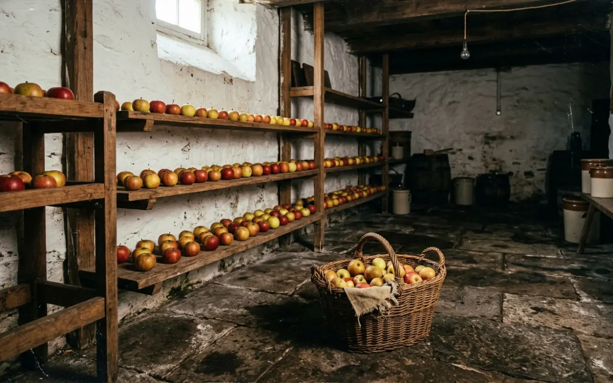 Äpfel lagern auf Holzhorden im Keller, einzeln und ohne Berührung