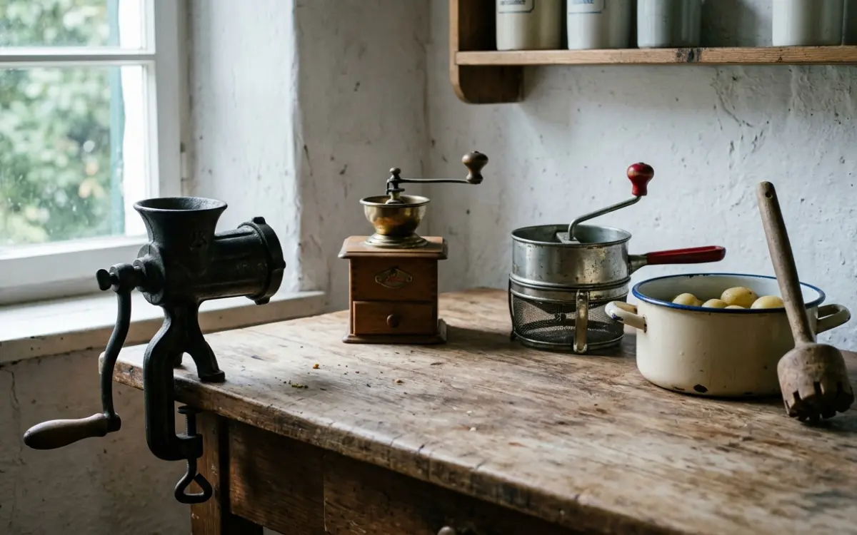 Alte Küchengeräte: Fleischwolf, Kaffeemühle und Passiermühle auf dem Küchentisch