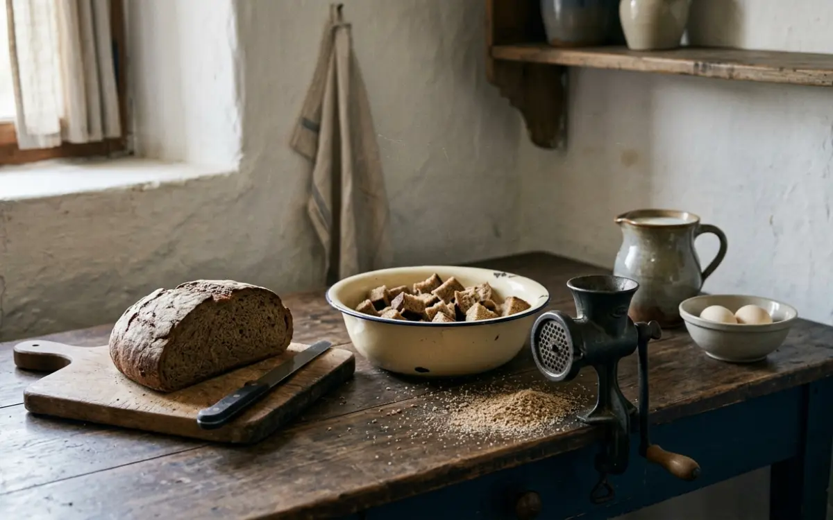 Altes Brot verwerten: Brotwürfel, Milch und Eier auf dem Küchentisch