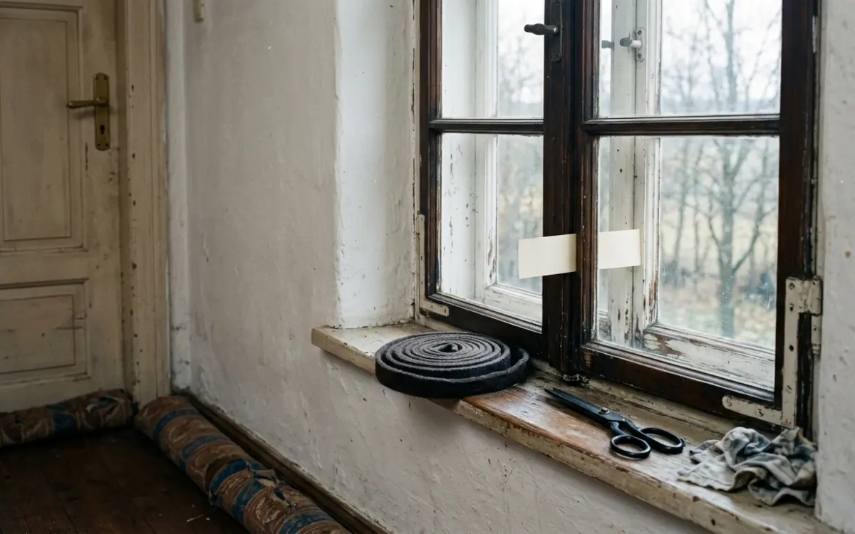 Altes Holzfenster mit Dichtungsband und Papierstreifen-Test