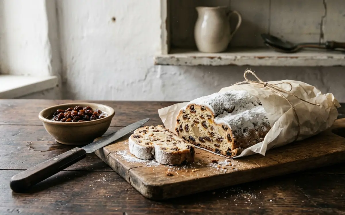 Angeschnittener Christstollen mit Puderzucker auf dem Holzbrett