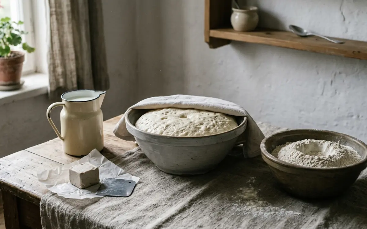 Aufgegangener Hefeteig in der Schüssel, daneben frische Hefe und Mehl