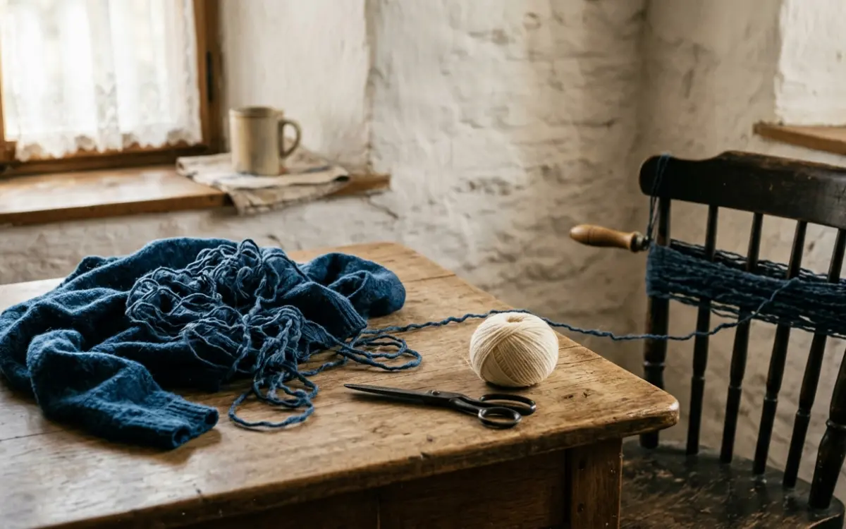 Aufgetrennter Pullover, Wolle wird zum Strang gewickelt