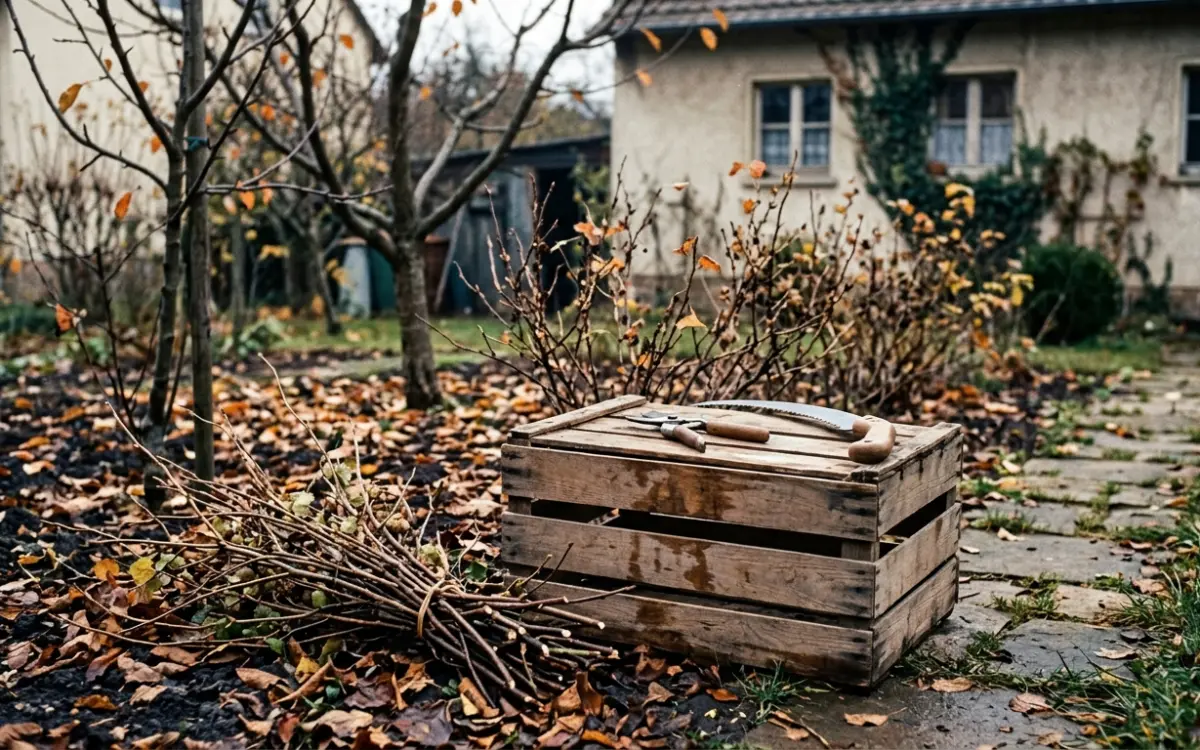 Beerensträucher im Herbstgarten mit Gartenschere und geschnittenen Trieben