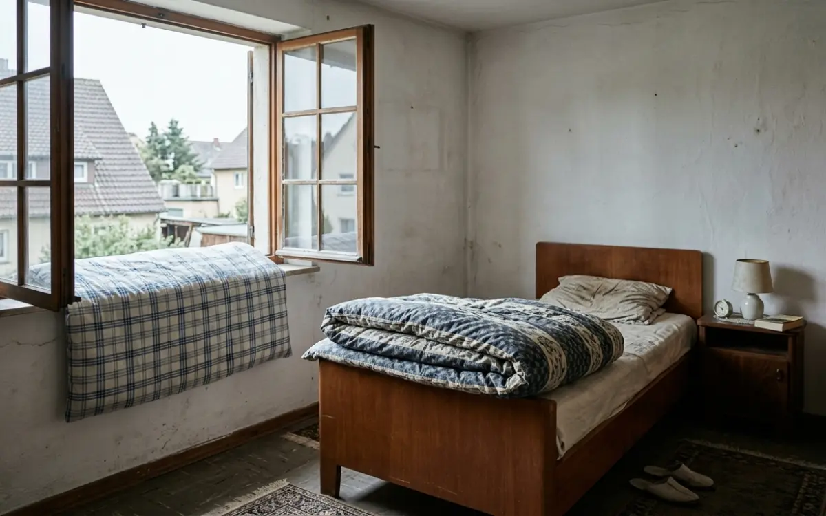 Bett am Morgen mit zurückgeschlagener Decke am offenen Fenster