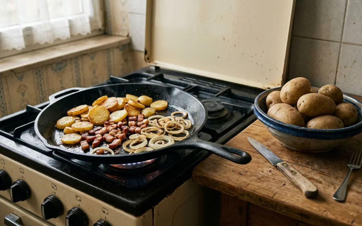 Bratkartoffeln in der gusseisernen Pfanne mit Speck und Zwiebeln