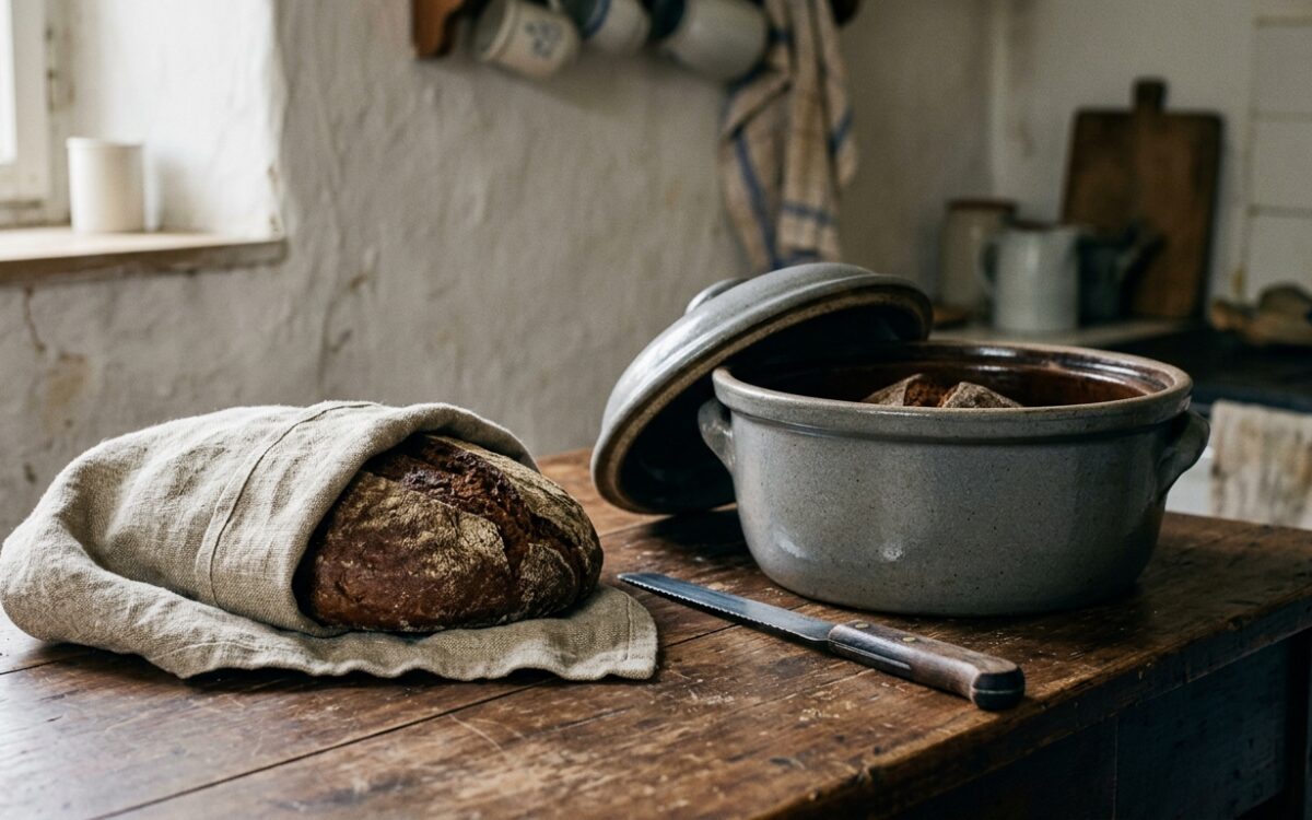 Brot frisch halten im Leinentuch und im Steinguttopf