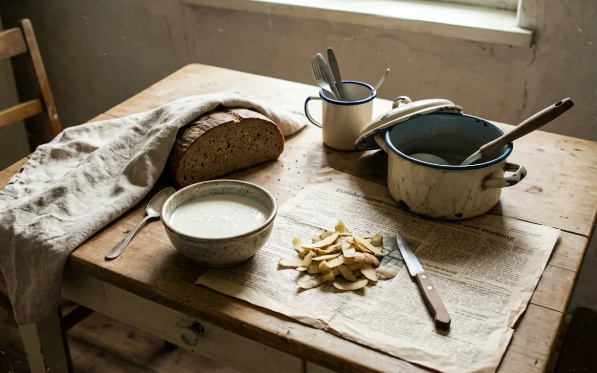 Brot, saure Milch und Kartoffelschalen auf einem Küchentisch der 1950er-Jahre