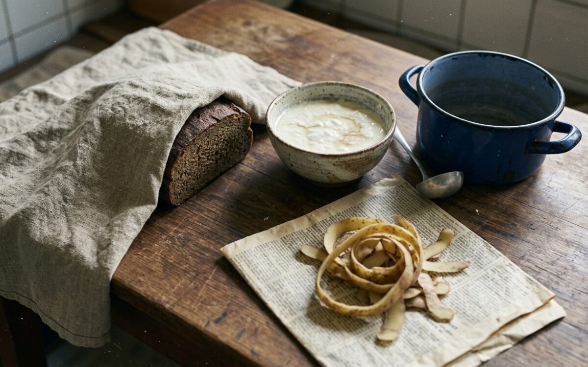 Brot, saure Milch und Kartoffelschalen auf einem Küchentisch der 1950er-Jahre