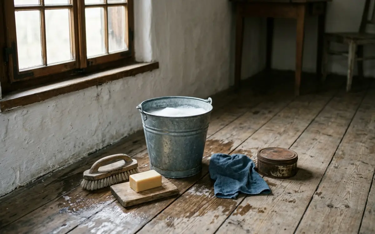 Dielenboden mit Schrubber, Eimer und Schmierseife