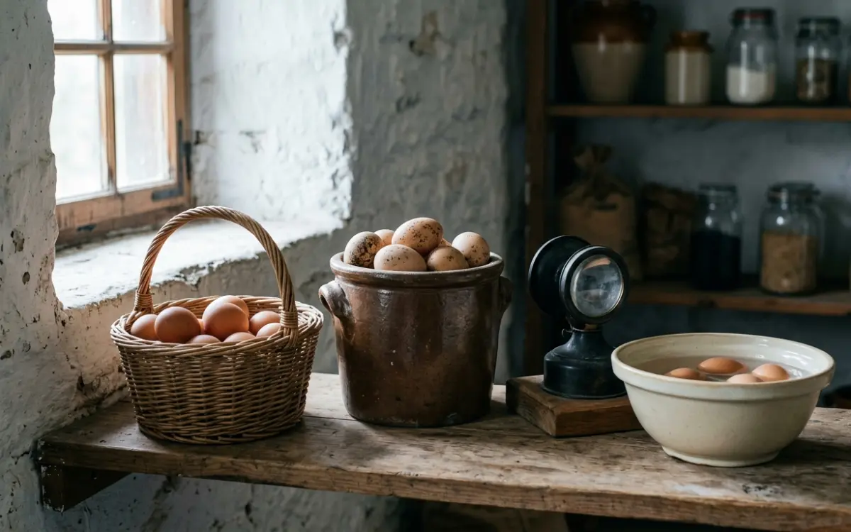 Eier im Weidenkorb und Steinguttopf in der Speisekammer