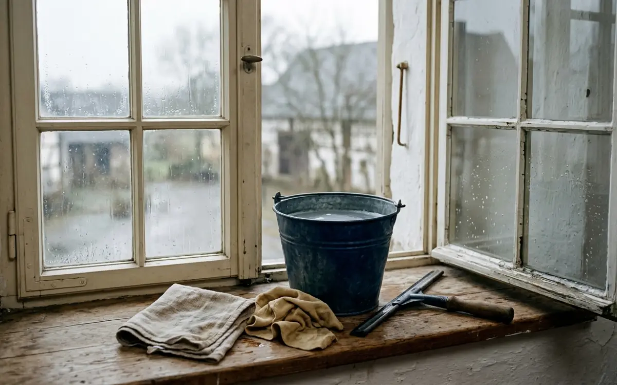 Eimer, Leinentuch und Abzieher zum Fensterputzen