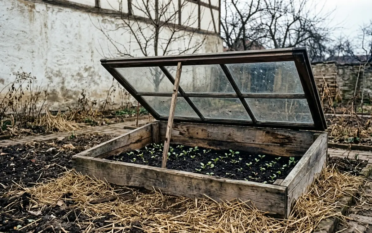Frühbeet mit aufgestelltem Glasdeckel im Gemüsegarten