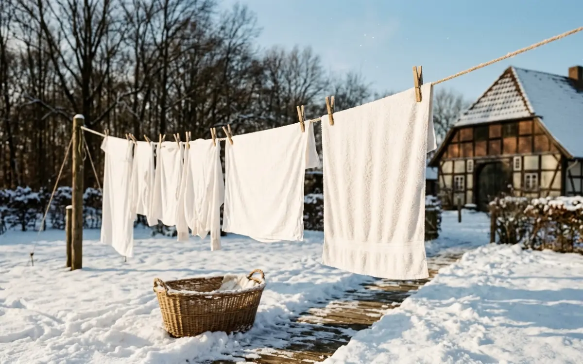 Gefrorene Wäsche auf der Leine im verschneiten Garten