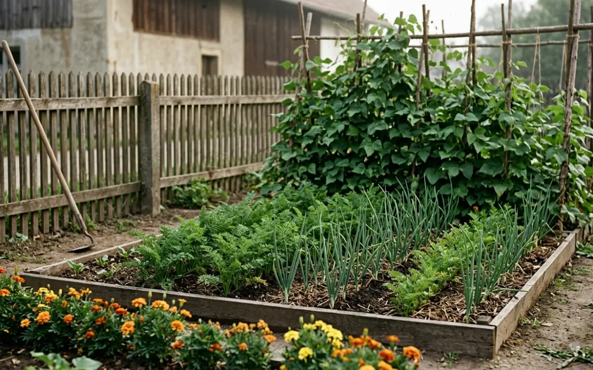 Gemüsebeet mit abwechselnden Reihen Möhren und Zwiebeln