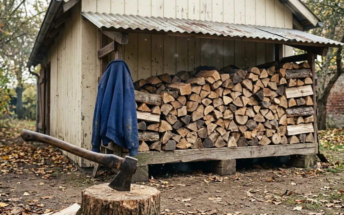 Holzstapel an der Schuppenwand, oben abgedeckt und seitlich offen