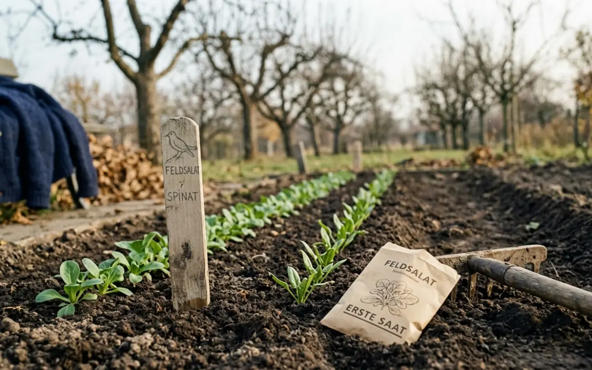 Junge Feldsalat- und Spinatreihen im Herbstbeet