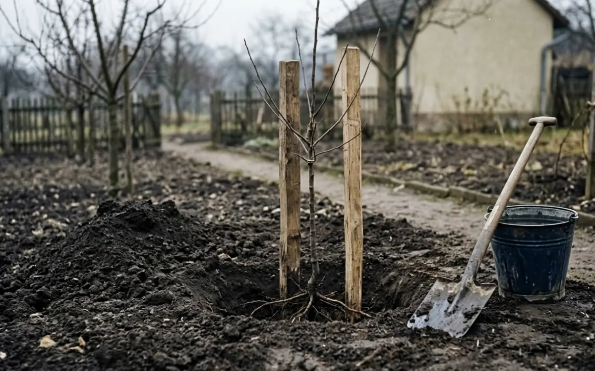 Junger Obstbaum wird im Herbst mit Pfahl gepflanzt