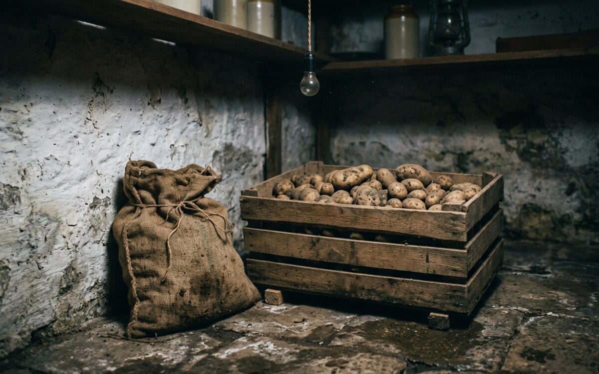 Kartoffeln einlagern in einer Holzkiste im kühlen Keller