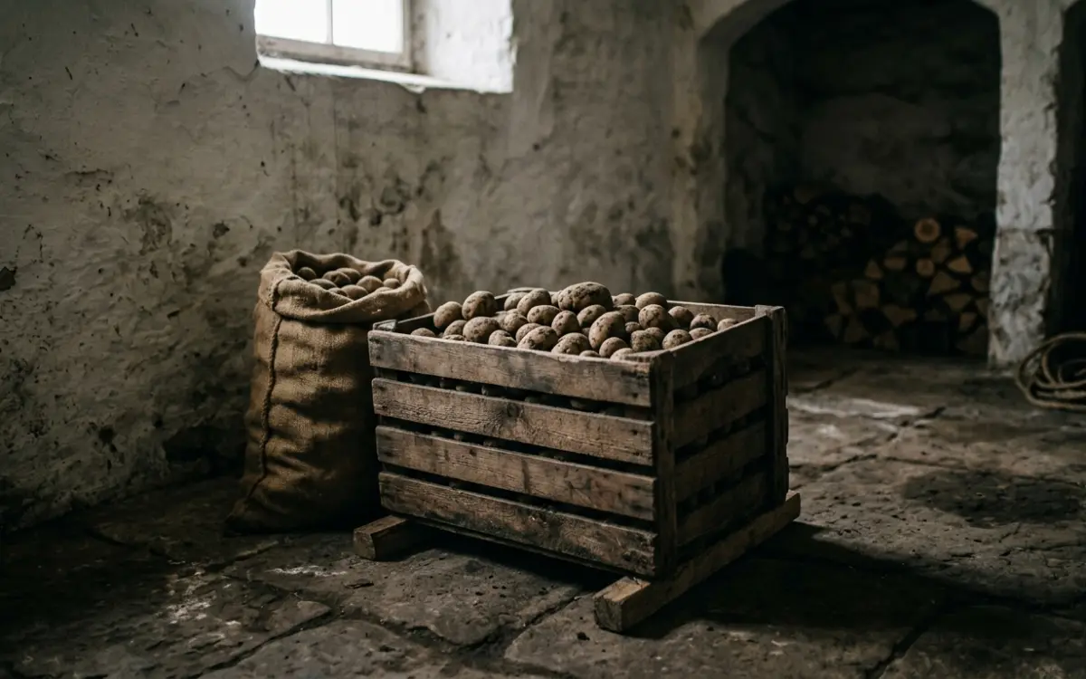 Kartoffeln einlagern in einer Holzkiste im kühlen Keller