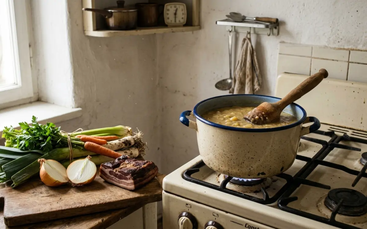Kartoffelsuppe im Emailletopf mit Kartoffelstampfer