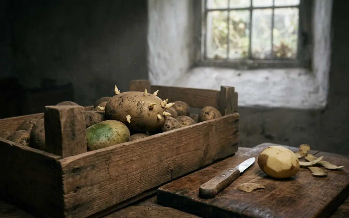 Keimende Kartoffeln in einer Holzkiste im Keller