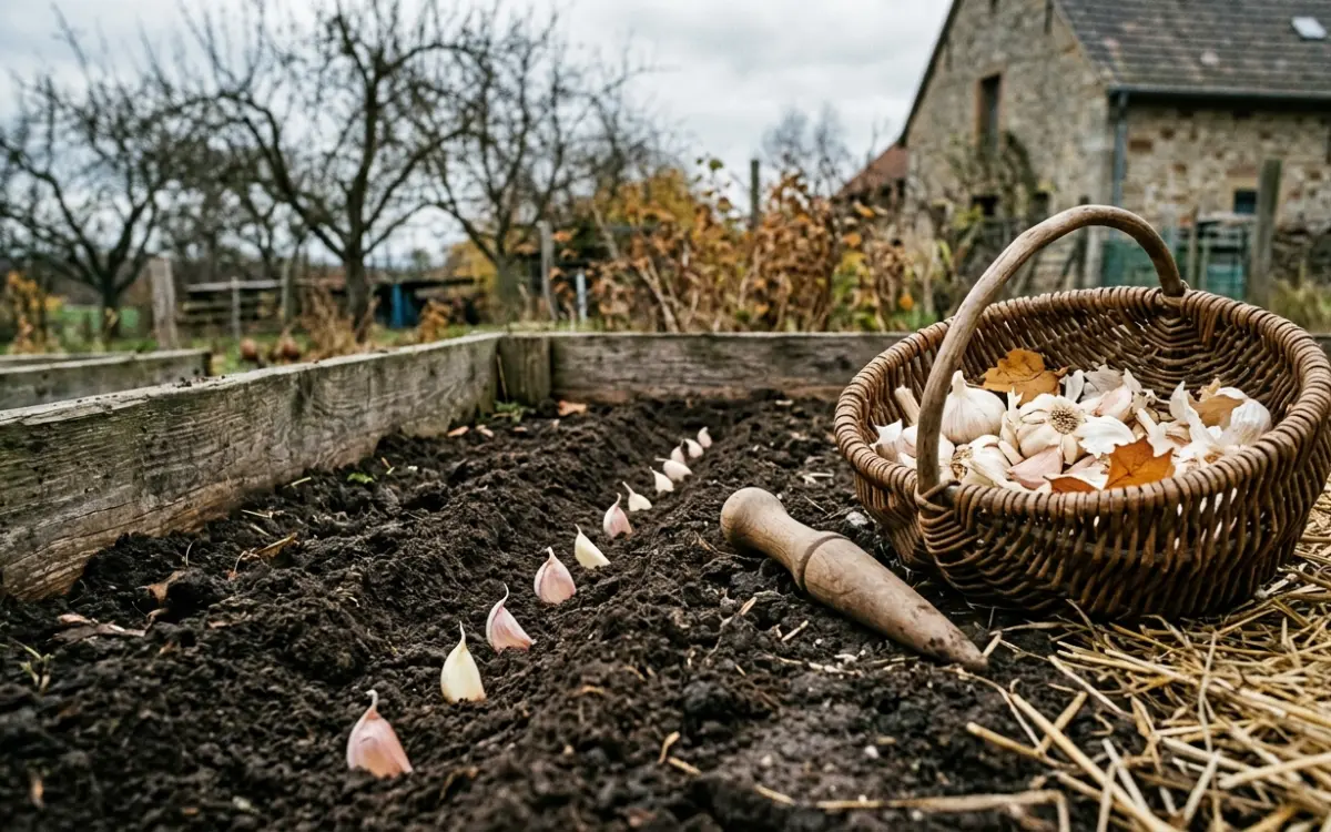 Knoblauchzehen werden im Herbst ins Beet gesteckt