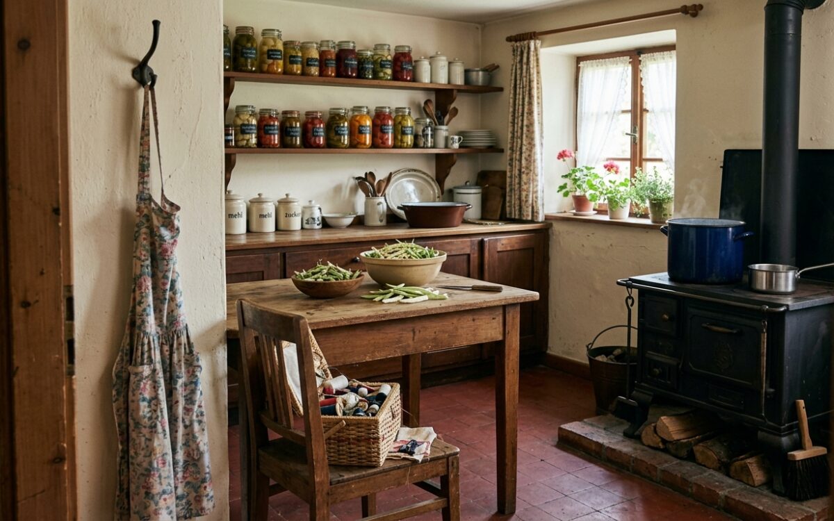 Küche einer Hausfrau 1955 mit Kohleherd, Nähkorb und Einmachgläsern