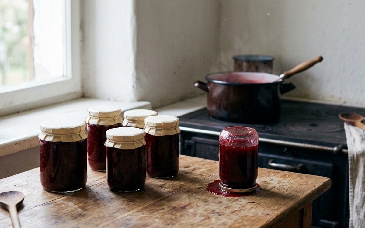 Marmeladengläser beim Abkühlen, eines auf den Kopf gestellt