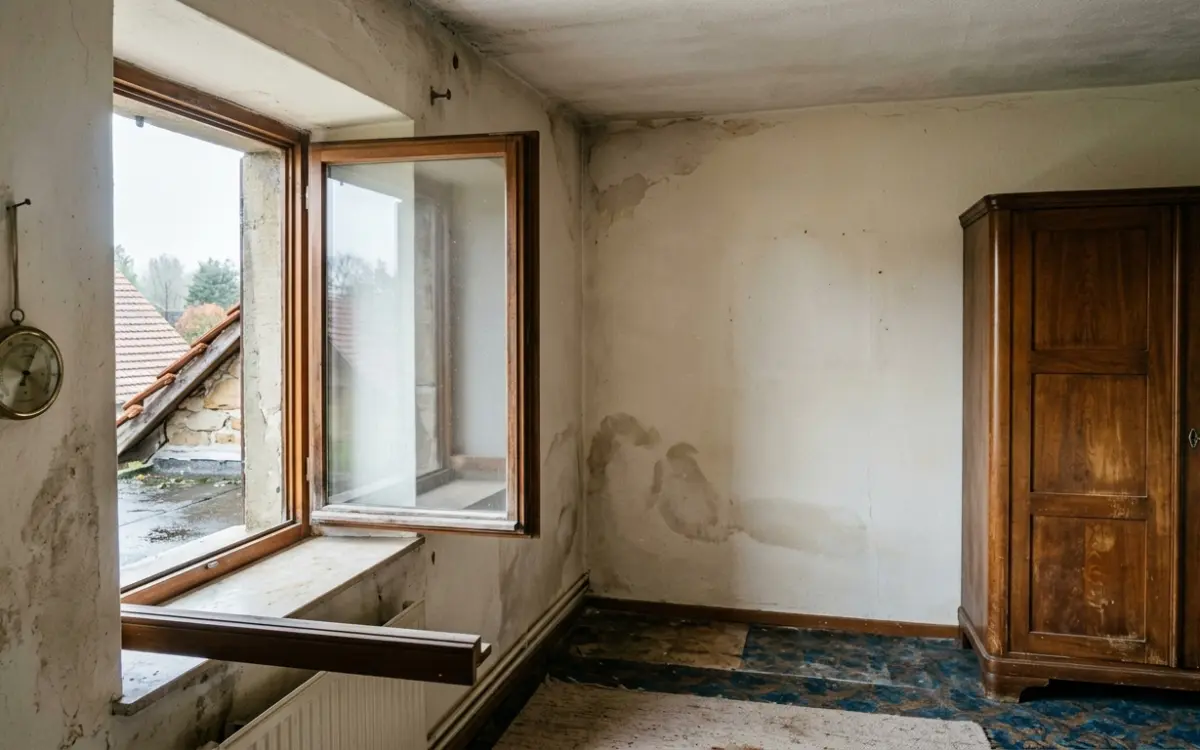 Raumecke an der Aussenwand mit Hygrometer und geöffnetem Fenster