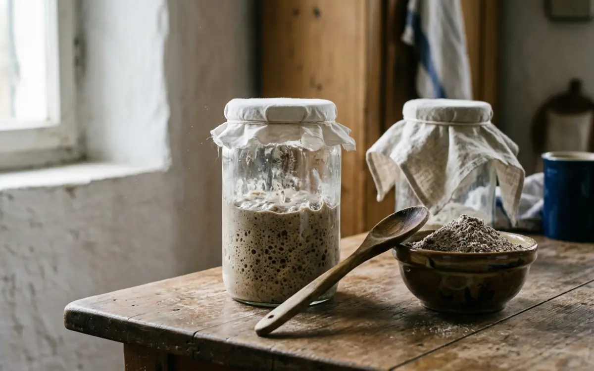 Sauerteig-Ansatz im Glas mit Roggenmehl und Holzlöffel
