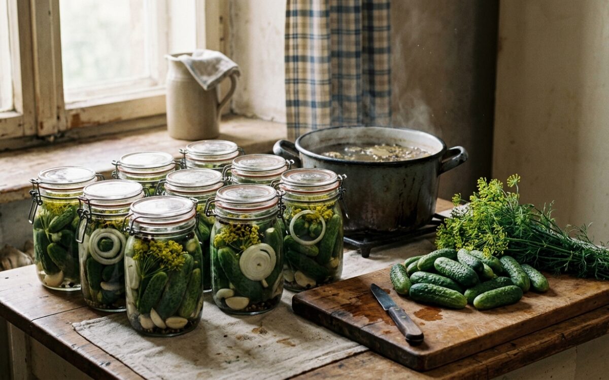 Saure Gurken einlegen: Gläser mit Gurken, Dill und Zwiebelringen