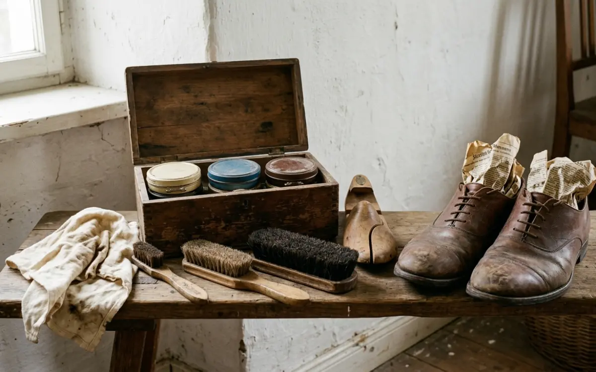 Schuhputzkasten mit Bürsten, Cremedosen und Schuhspanner