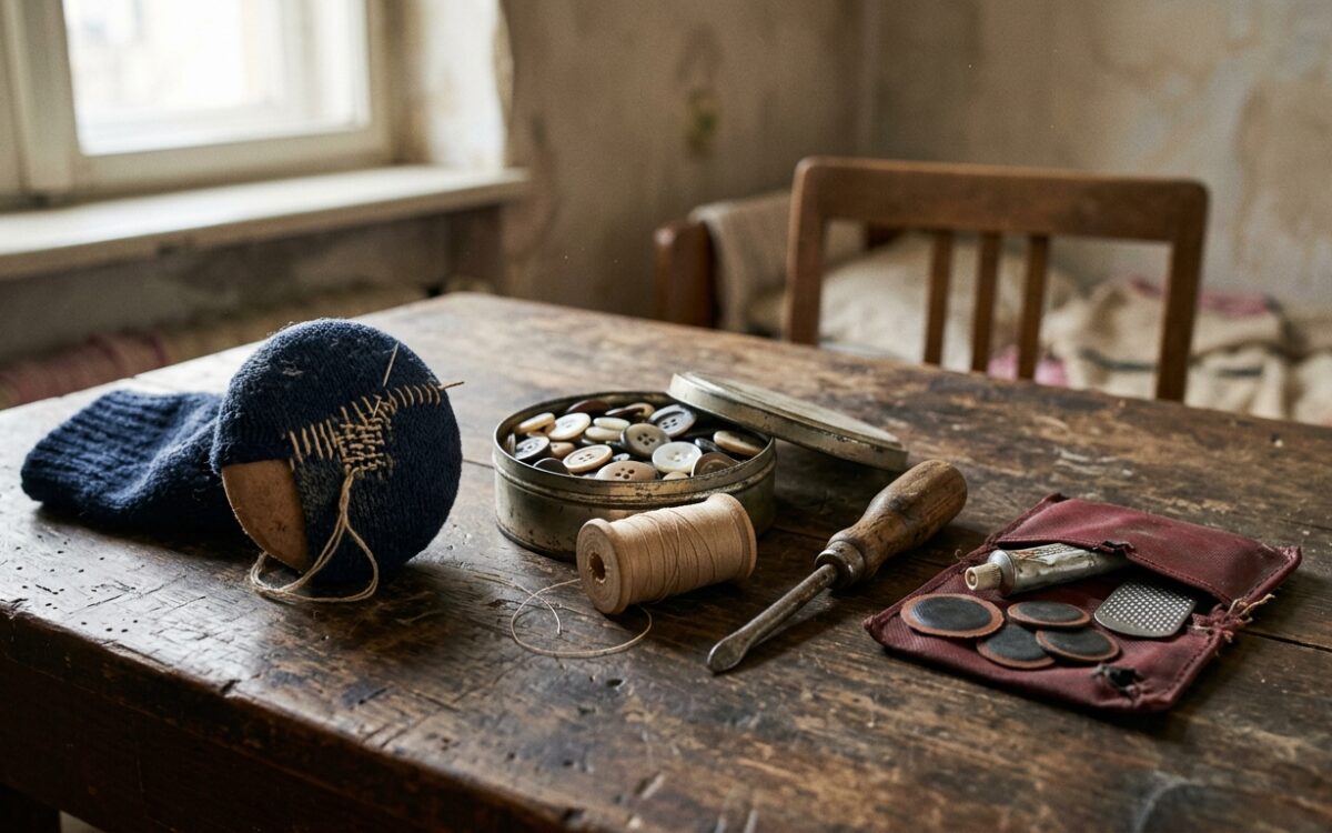 Stopfpilz, Knopfdose und Flickzeug auf einem Werktisch der 1950er-Jahre