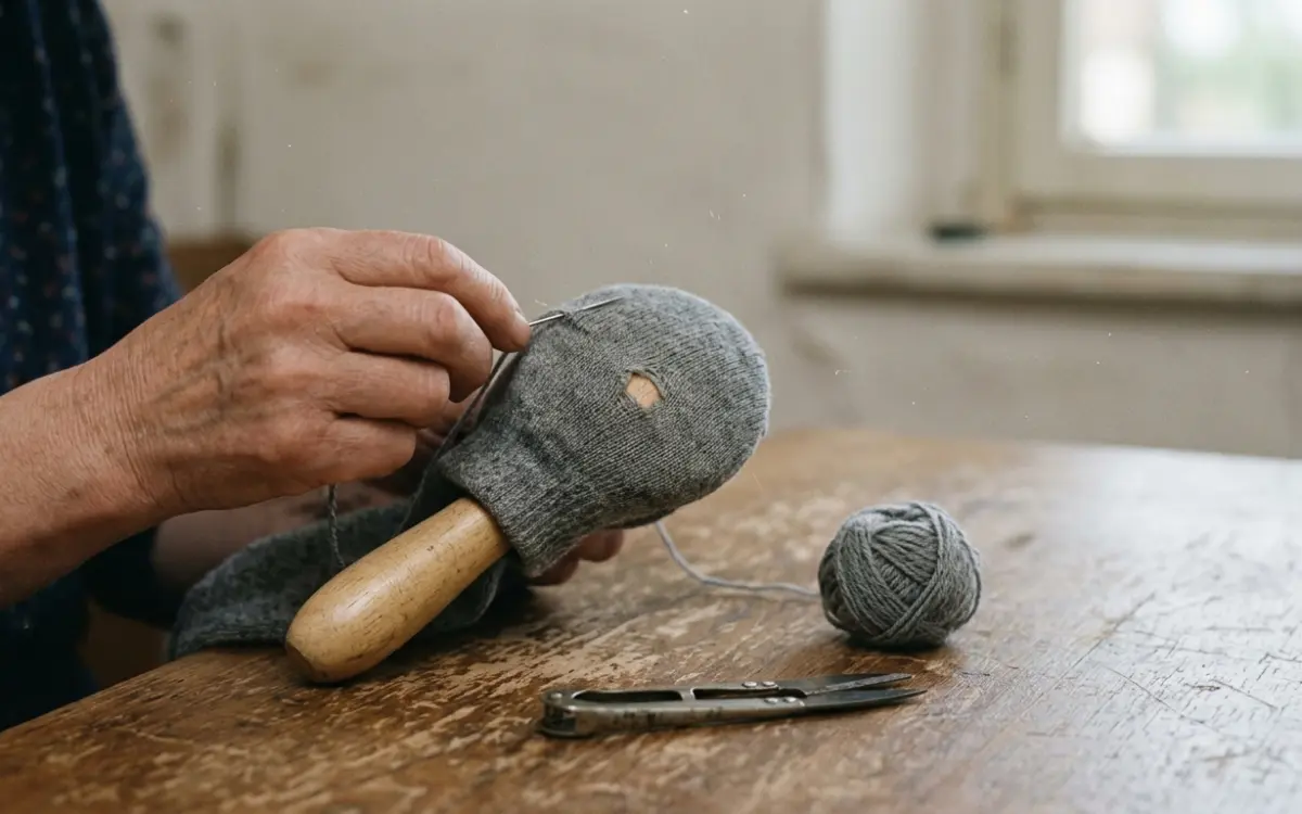 Stopfpilz mit Wollsocke, Stopfnadel und Garn