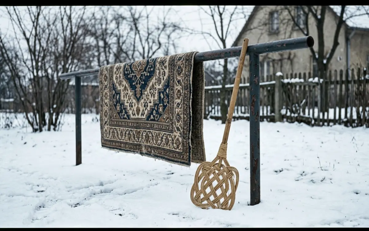 Teppich auf der Klopfstange im winterlichen Hinterhof