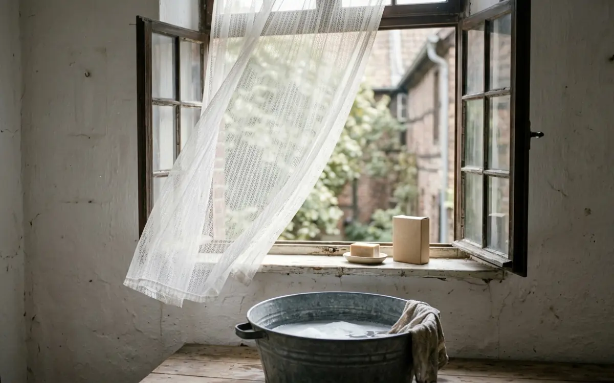 Weiße Gardinen am Fenster, davor Zuber mit Waschwasser