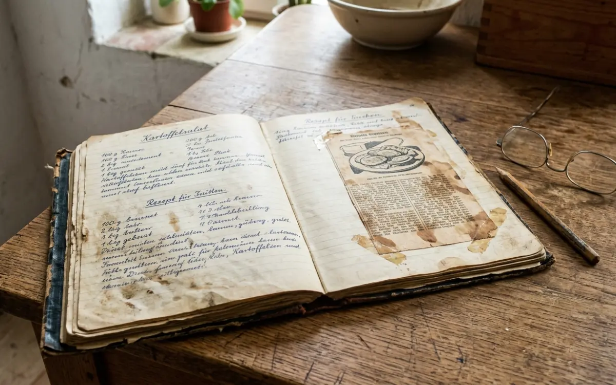 Aufgeschlagenes handgeschriebenes Rezeptheft mit eingeklebtem Zeitungsausschnitt