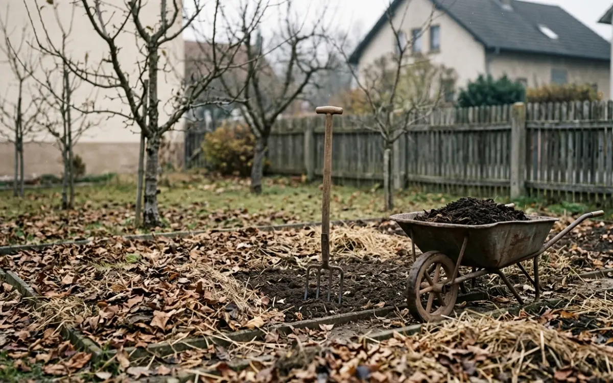 Beet im Herbst, halb mit Laub bedeckt, Grabegabel im Boden