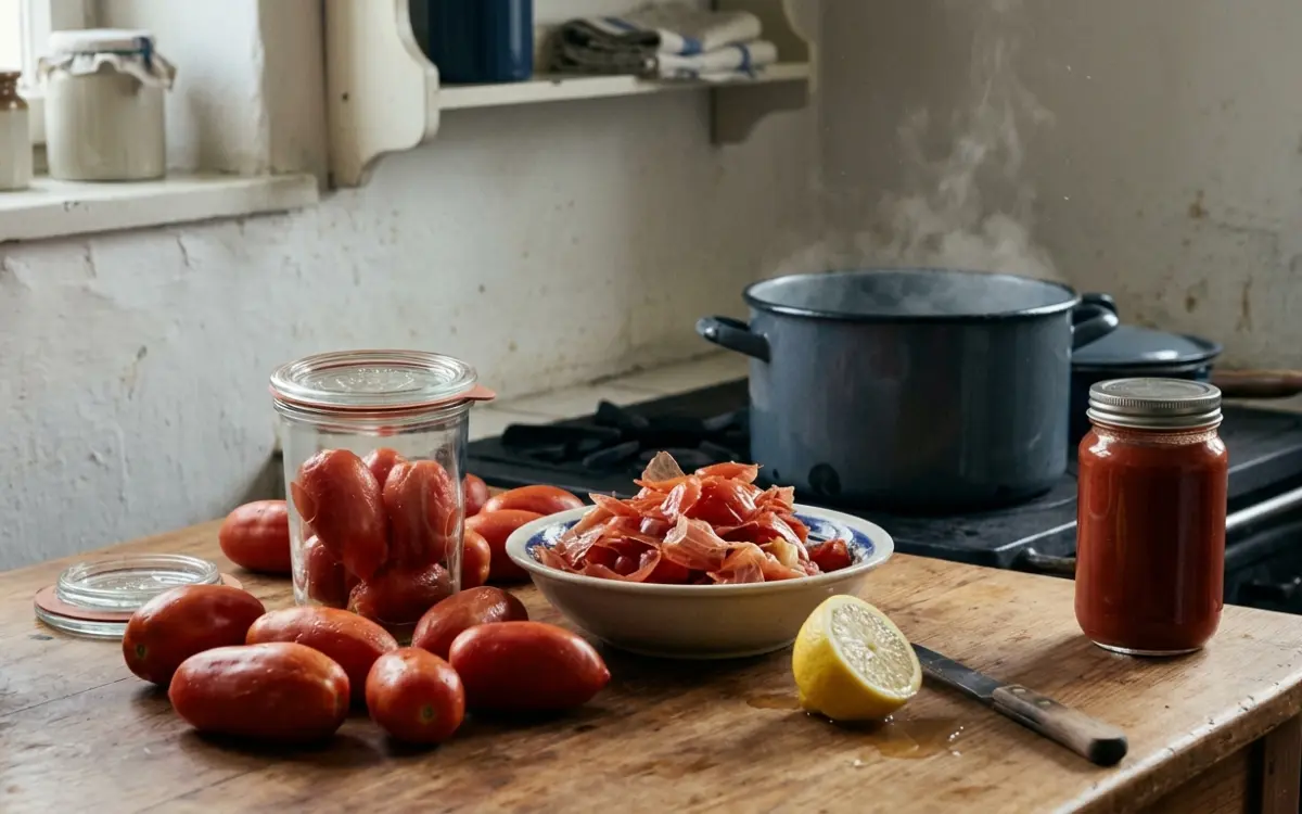 Tomaten werden gehäutet und in Einmachgläser geschichtet